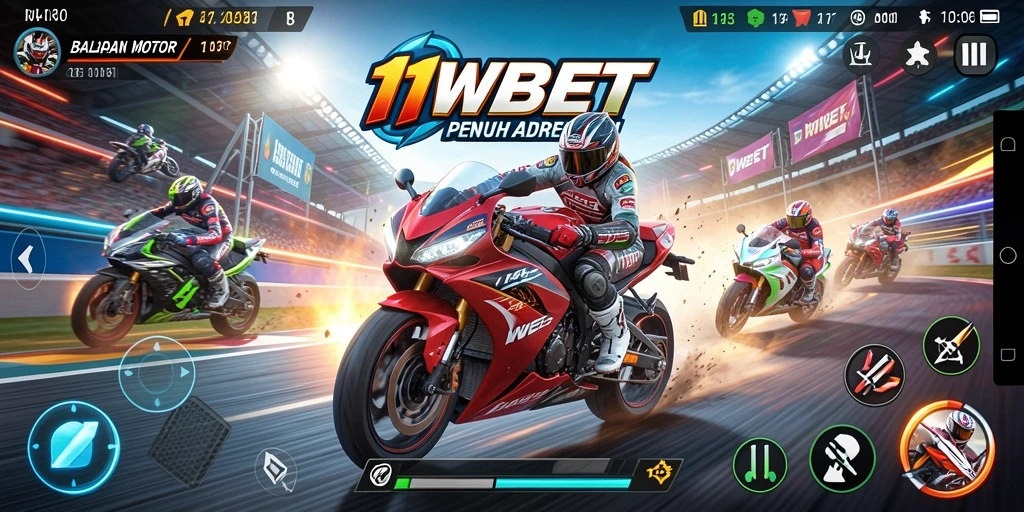 Tangkapan layar gameplay 11WBET menampilkan aksi balapan motor yang mendebarkan.