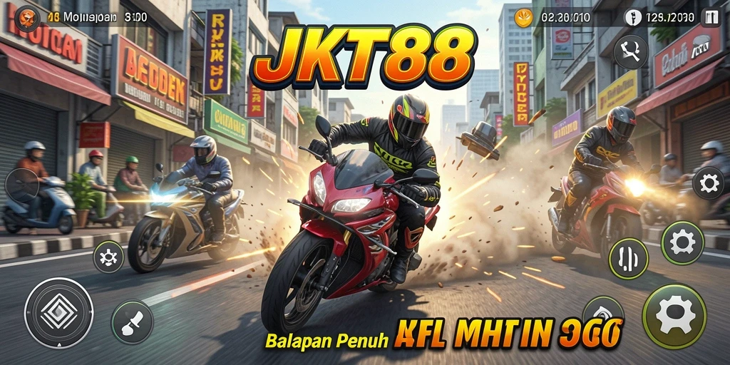 Screenshot utama JKT88 menampilkan aksi balapan motor yang mendebarkan.