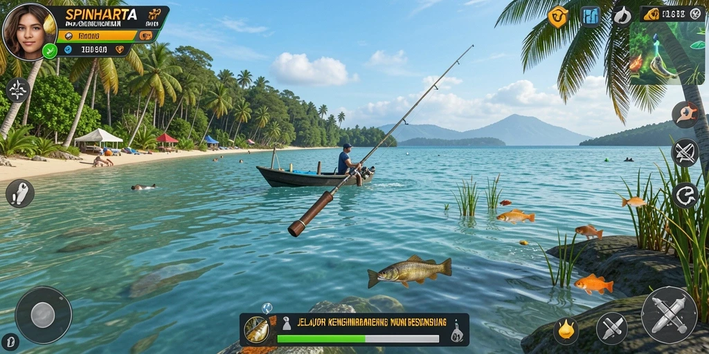 Tampilkan gameplay menarik SPINHARTA saat memancing di danau indah.